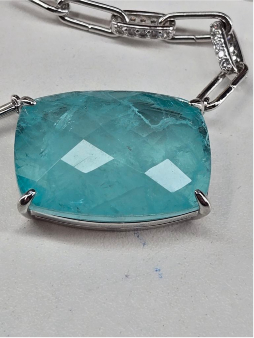 Bomb Party Necklace Blue Aragonite Pendant Rhodium Silvertone Paperclip Chain - Picture 5 of 10
